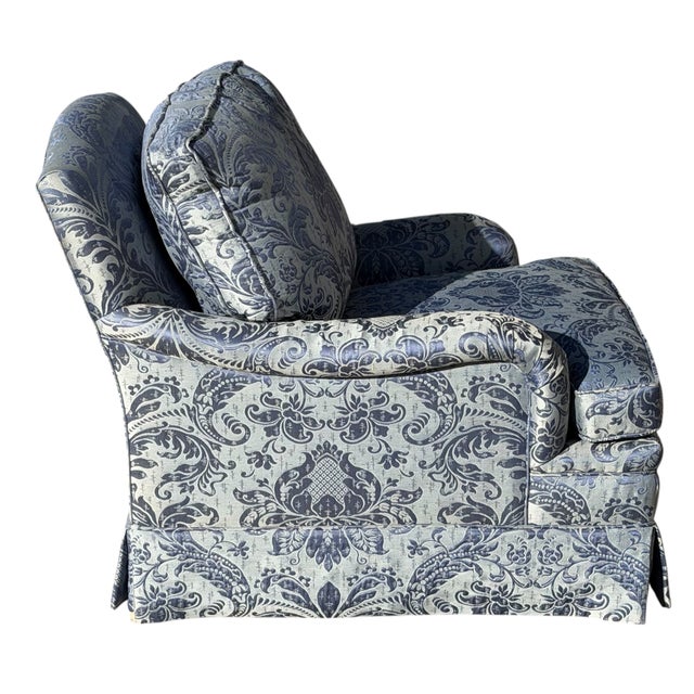 Hollywood Regency Brunchwig & Fils Blue Damask Fully Upholstered Club Chair For Sale - Image 3 of 5