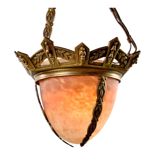 Small Muller Freres Mottled Glass and Bronze Art Deco Pendant For Sale