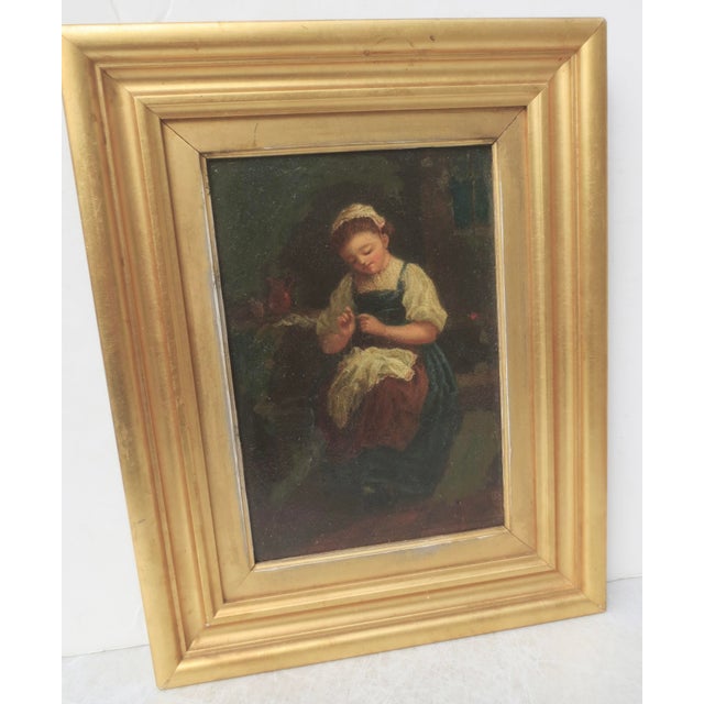A young rosy-cheeked girl/child working at needle and thread; a domestic scene of the humble life of the lower class. Not...
