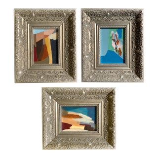 Set of 3 Original Paintings in Blue and Brown With Silver Vintage Frames For Sale