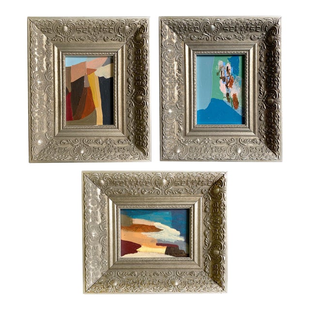 Set of 3 Original Paintings in Blue and Brown With Silver Vintage Frames For Sale