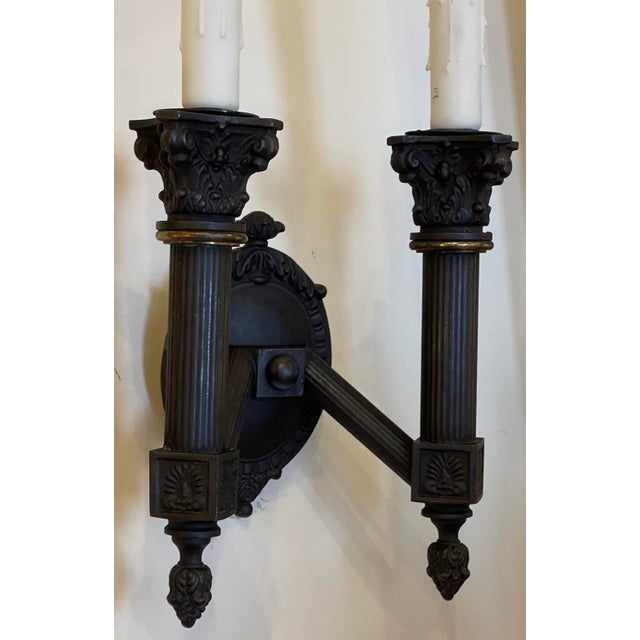 Neoclassical 19th C Style Empire Black Neoclassical Corinthian Column 2 Lite Wall Sconce For Sale - Image 3 of 4