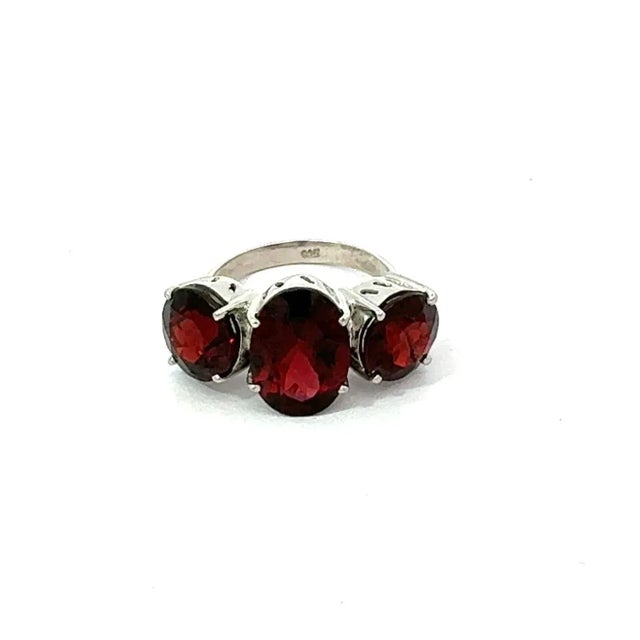Not Yet Made - Made To Order Classic 925 Silver Three Stone Prong Set Statement Ring With Red Garnet - Size 6.5 For Sale - Image 5 of 14