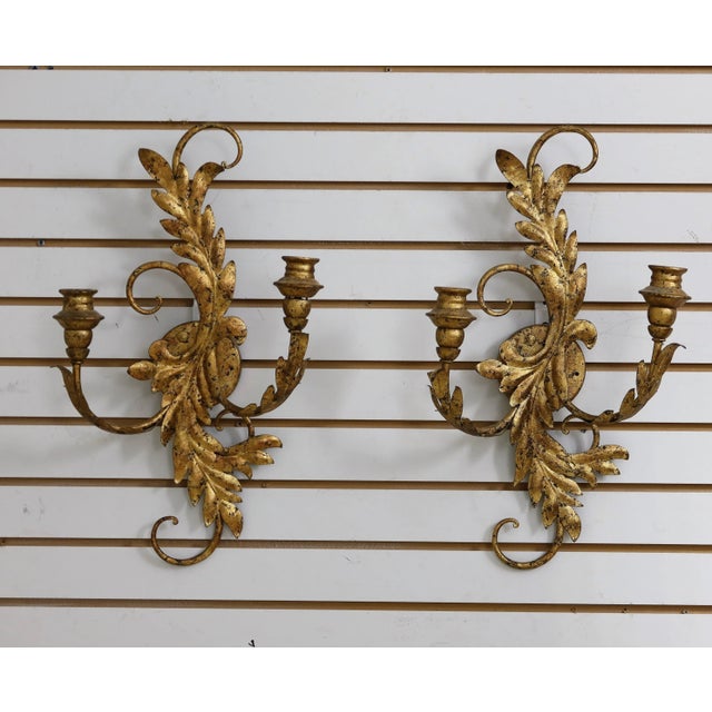 Gold Pair French Style Gold Gilt Metal Candelabra Sconces For Sale - Image 8 of 8