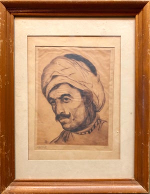 Jacob Eisenberg, Bezalel School Jerusalem, Middle Eastern Arab Man in Turban Circa 1920s Etching, c.1930