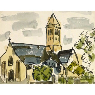 Wornser, Vintage Watercolor Church Painting For Sale