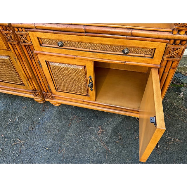 1980s Regency Coastal Style Faux Bamboo Fruitwood Bookcases / Display Cabinets - S/2 For Sale - Image 5 of 11
