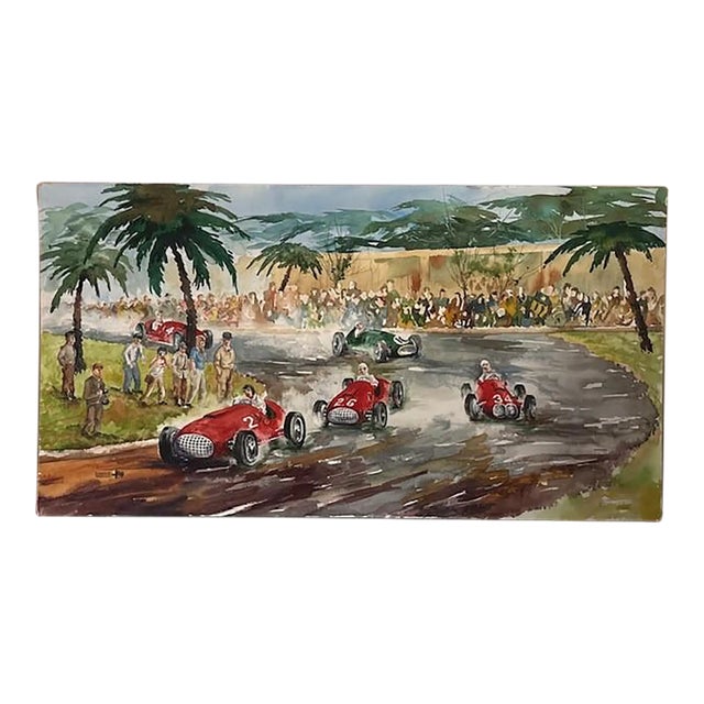 Pena-Rhin Grand Prix Auto Race Barcelona 1950 Watercolor Painting, Leonard Williams For Sale