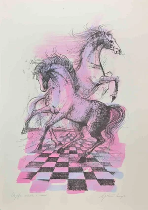 Agostino Cancogni, Free Horses, Lithograph, 1980s
