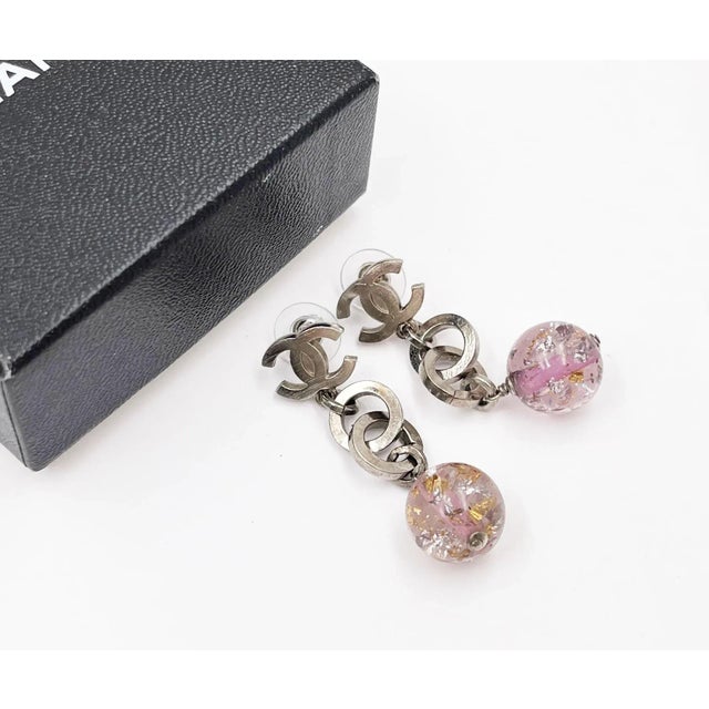 Chanel Chanel Silver CC Chain Purple Bead Long Piercing Earrings - 2 Pieces For Sale - Image 4 of 5