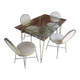 Salterini Attributed Vintage Iron and Glass Patio Dining Table, 4 Chairs For Sale