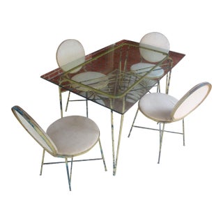 Salterini Attributed Vintage Iron and Glass Patio Dining Table, 4 Chairs For Sale