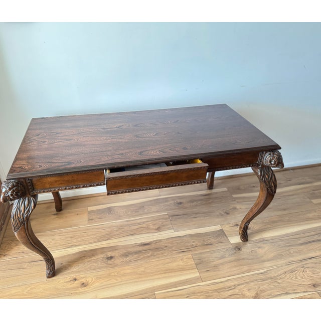 Brown Early 20th Century Walnut Writing Desk With Ram’s Head Carvings For Sale - Image 8 of 11