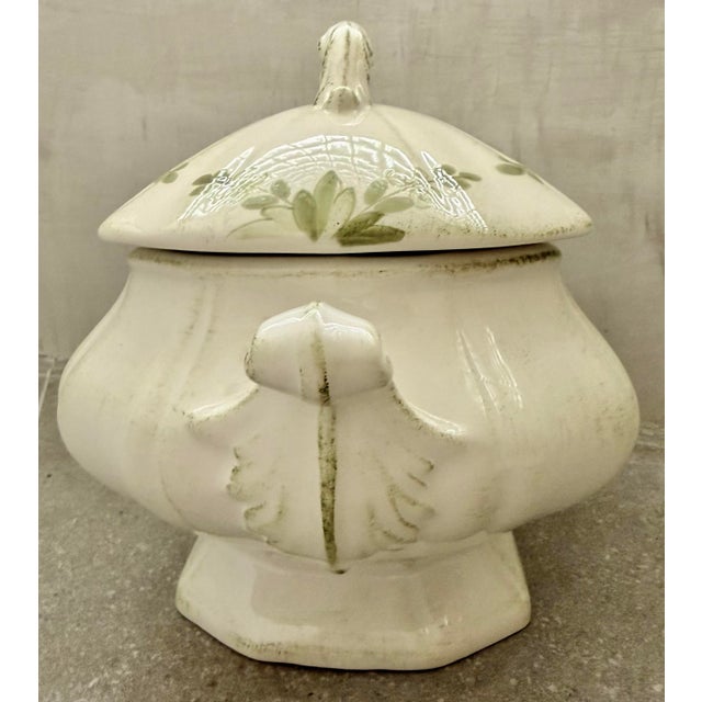 Early 21st Century Soup Tureen and Lid in ‘Borgo Antico’ by Vietri of Italy, Olive Green Landscapes With Buildings Hand Painted an Off White Porcelain Ground For Sale - Image 5 of 12