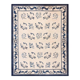 1890s White Ivory Foliate Antique Chinese Peking Rug 9' 2" X 11' 6" Handknotted Wool Carpet For Sale