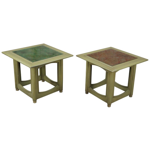 1980s Hekman Distressed Green French Brocade Glass Top Side Accent Tables - Set of 2 For Sale - Image 13 of 13