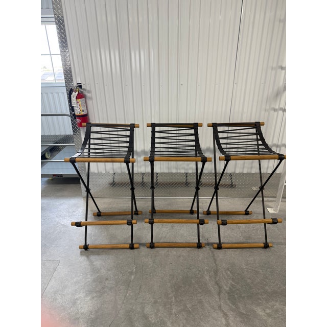 Mid-Century Modern 1970s Iron and Wood Barstools in the Style of Cleo Baldon - Set of 3 For Sale - Image 3 of 10