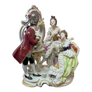 Volkstedt Porcelain, 3 Figures at Mirror, 1762 Crown Mark, Post 1945