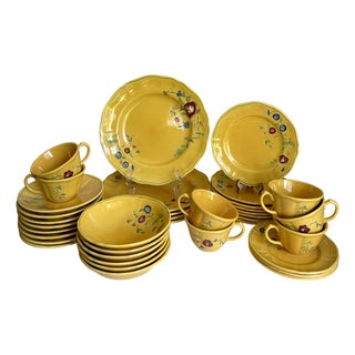 French Longchamp Majolica Marseilles Yellow Dinnerware Set With Floral Design For Sale