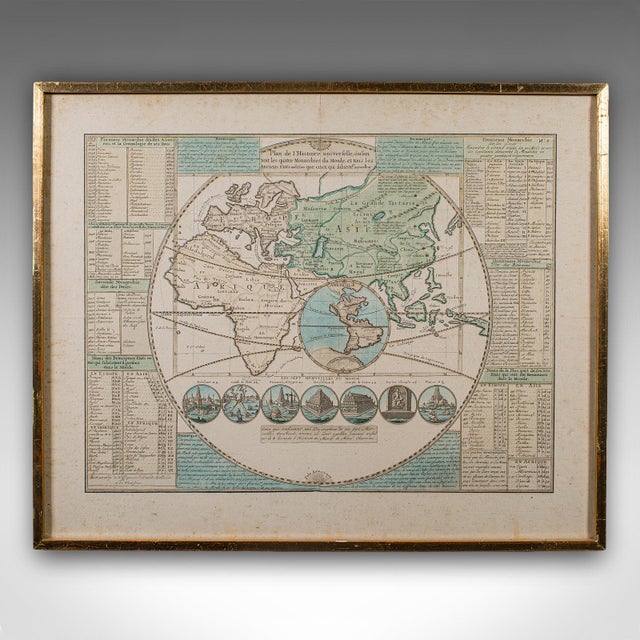 This is an antique Plan de l'Historie Universelle World Map. A Dutch, framed atlas engraving by Henri Abraham Chatelain,...