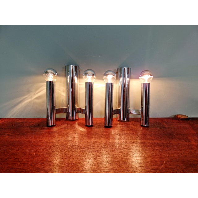 Silver Double Tubular Wall Lights in Chromed Metal by Gaetano Sciolari for Boulanger, 1970s, Set of 2 For Sale - Image 8 of 15