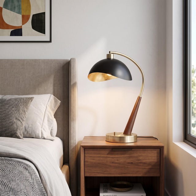Mid-Century Modern Luna Bella Boomerang Table Lamp - Dark Walnut/Weathered Brass, Matte Black/Gold Shade, Steel Base, 32" Tall For Sale - Image 3 of 7