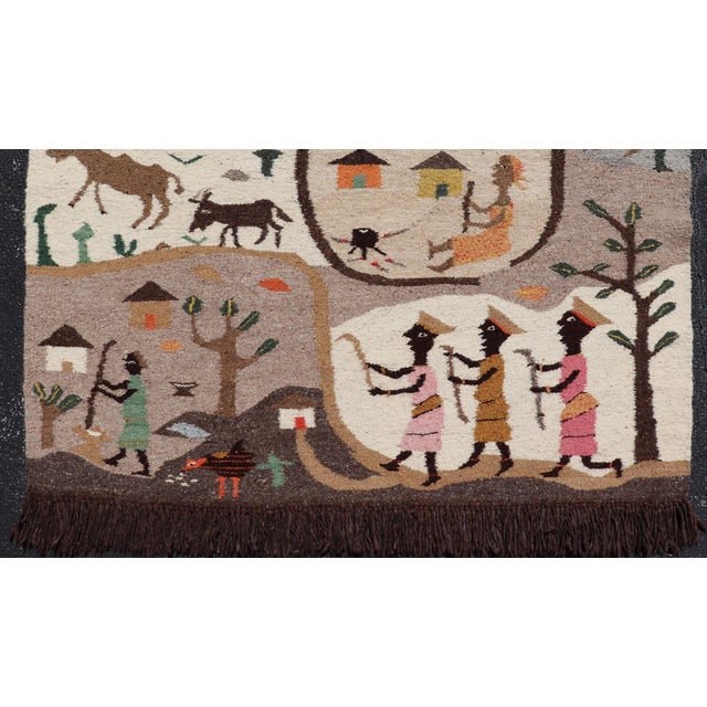 African Vintage African Tapestry With Tribal Village, Wildlife and Hunting Scene For Sale - Image 3 of 15