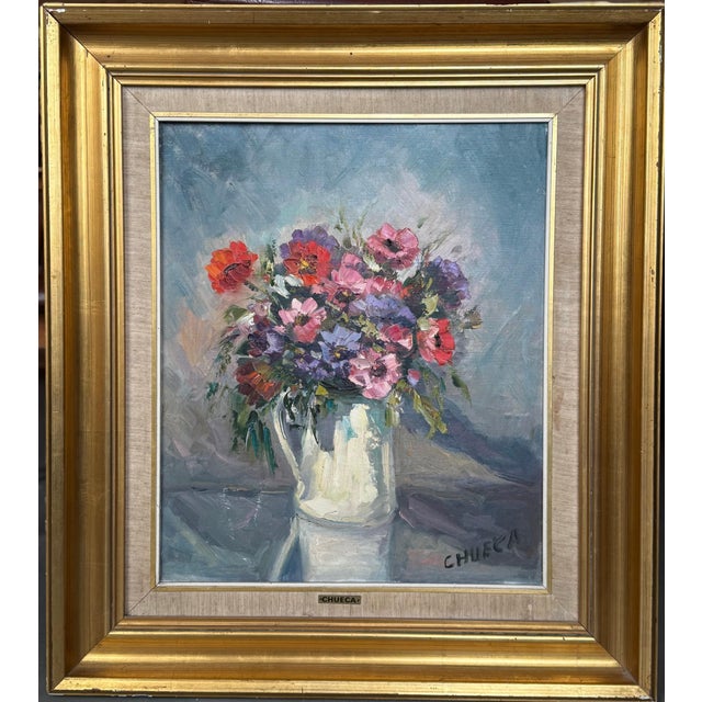 Spanish painting from the early 20th century. Acrylic artwork on canvas depicting still life, vase with flowers, of good...