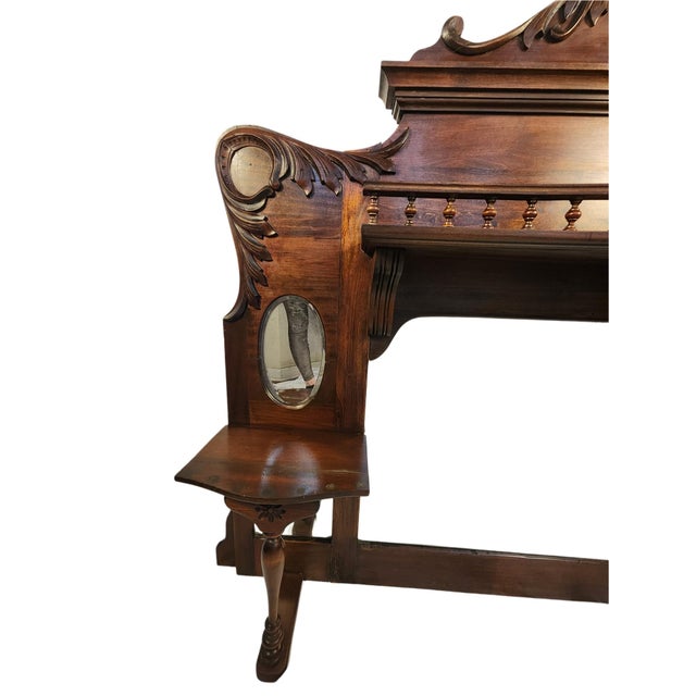 Antique Oak Mantel Topper With Beveled Mirrors & Carved Wood Detailing | Wuthering Heights Aesthetic For Sale - Image 4 of 10