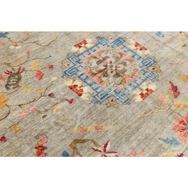 Hand-Knotted Modern Chinese Botanical Wool Area Rug - Slate Grey & Marigold For Sale - Image 11 of 11