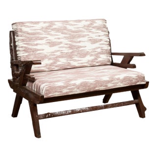 Antique Natural Edge Settee with Custom Upholstery and Rustic Character For Sale