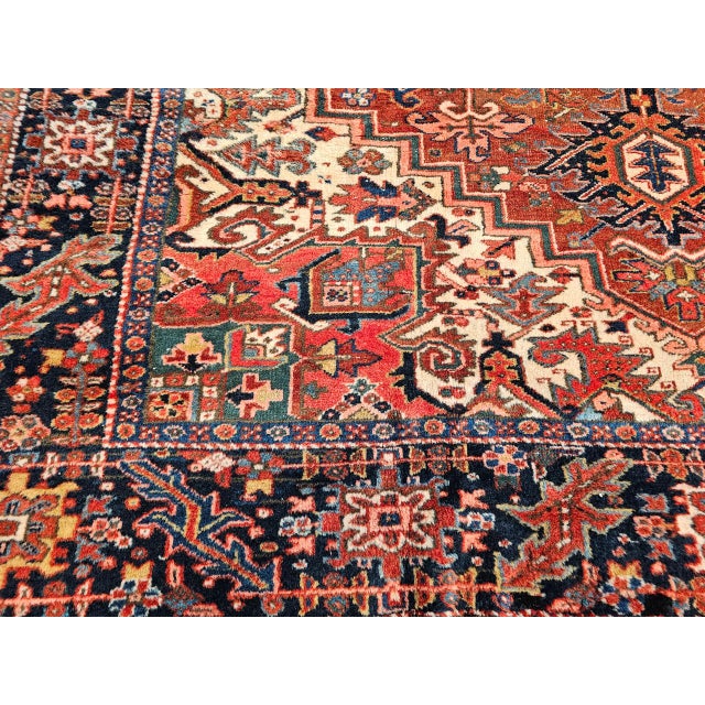 Antique Persian Heriz Karajeh Rug, Hand-Knotted Wool, Geometric Design, Brick & Navy, 9x12 For Sale In Chicago - Image 6 of 10