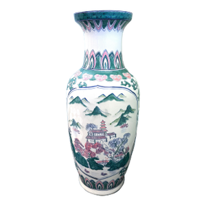 Large 24” Chinoiserie Landscape Porcelain Floor Vase – Statement Entryway Decor
