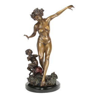1990s Art Deco/Nouveau Nude Sculpture Bronze with Pixy For Sale