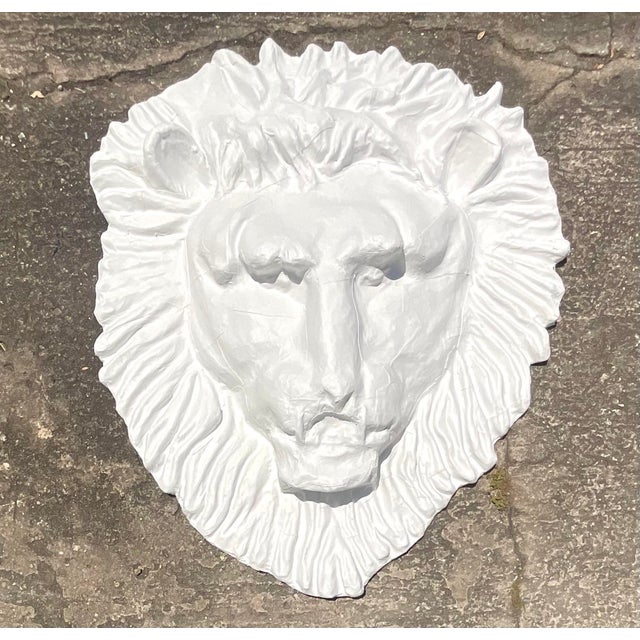 Boho Chic Vintage Boho Monumental Painted Leather Lions Head Wall Sculpture For Sale - Image 3 of 7