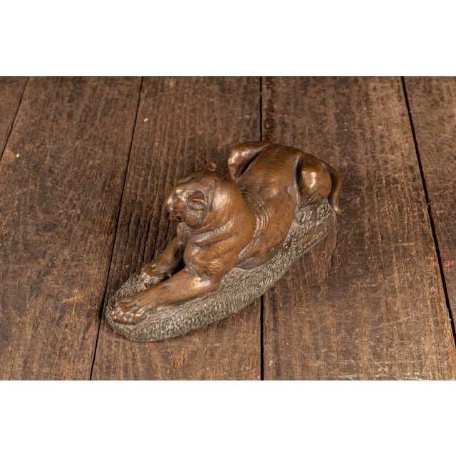 Vintage j.l. Boulton Bronze-Clad Reclining Tiger Sculpture For Sale - Image 4 of 6