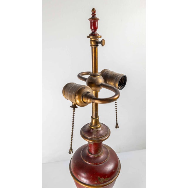 Mid-Century Decorative Toleware Tole Style Painted Red and Gold Table Lamp For Sale - Image 12 of 13