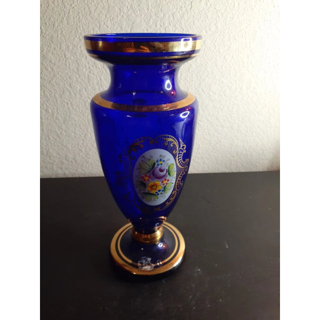 Art Deco 1960s Bohemia Czech Republic Gilt & Enamel Cobalt Blue Vase For Sale - Image 3 of 6