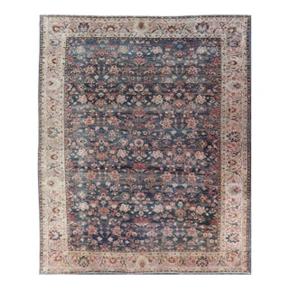 Antique Persian Tabriz Rug With Allover Botanical Design in Blue 9'0 X 11'5 For Sale