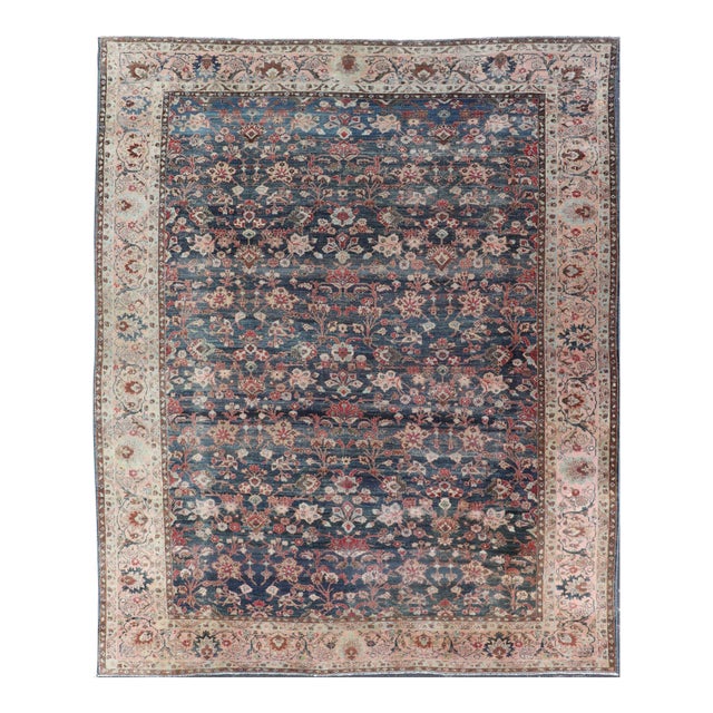 Antique Persian Tabriz Rug With Allover Botanical Design in Blue 9'0 X 11'5 For Sale