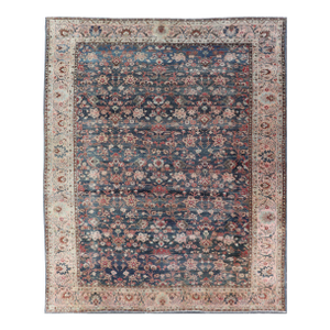 Antique Persian Tabriz Rug With Allover Botanical Design in Blue 9'0 X 11'5