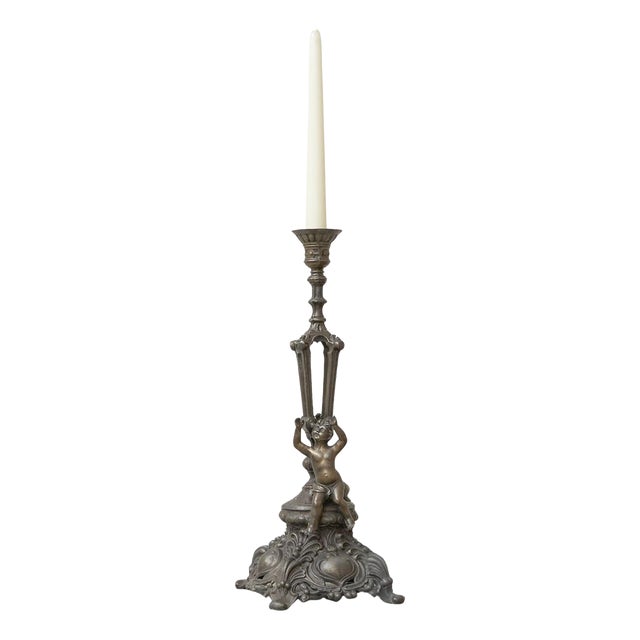 Antique Candleholder in Cast Spelter with Putto, Late 19th Century For Sale
