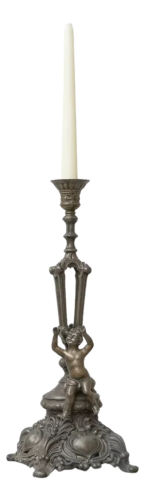 Antique Candleholder in Cast Spelter with Putto, Late 19th Century