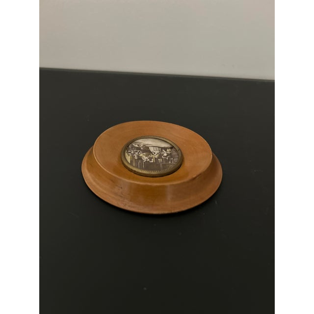 Vintage Spanish Pastoral Wall Plaque, Wood Framed Medallion With Metal Inset, Figural Interior Scene, 4.875" Round For Sale In New York - Image 6 of 8