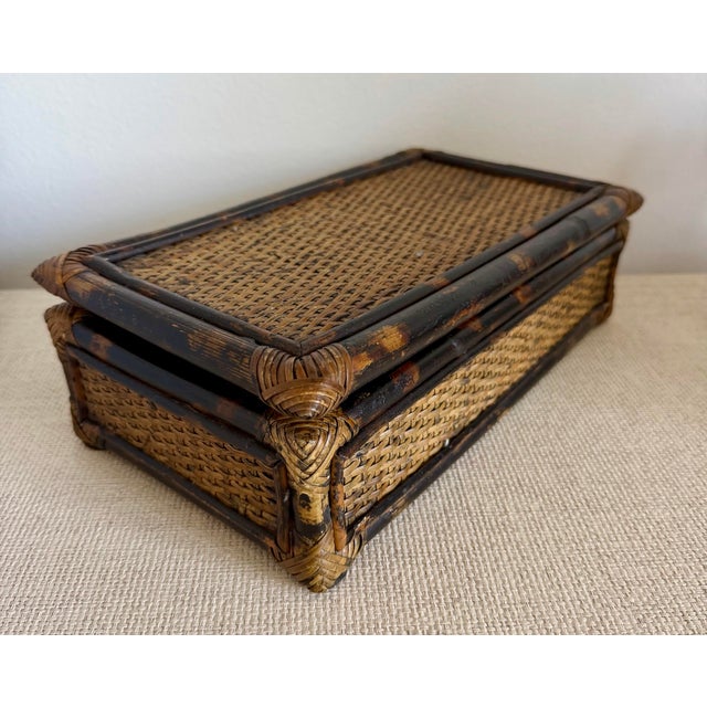 Vintage Woven Rattan With Faux Tortoise Bamboo Lidded Box For Sale - Image 4 of 8
