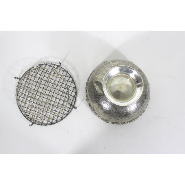 Metal Embossed Silver Plate Pedestal Rose Bowl Double Wire Frog Vintage Two Piece Pansy Holder Vase for Flower Arranging, Bouquet, Ikebana, Patina For Sale - Image 7 of 12