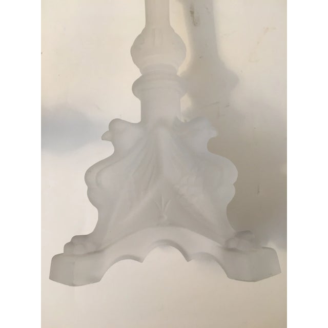 This pair of glass candlesticks are signed with the label Val Saint Lambert Made in Belgium in the Gothic revival style...