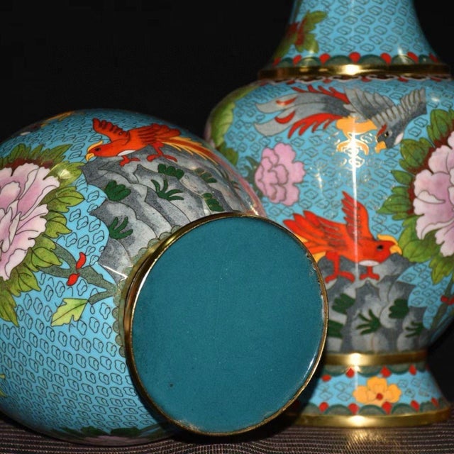 Pair of Vintage Chinese Cloisonné Peony & Phoenix Vases - 38cm Tall For Sale - Image 9 of 9