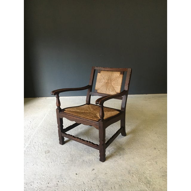 Low Arts & Crafts Oak & Rush Armchair, Belgium 1920s For Sale - Image 3 of 18