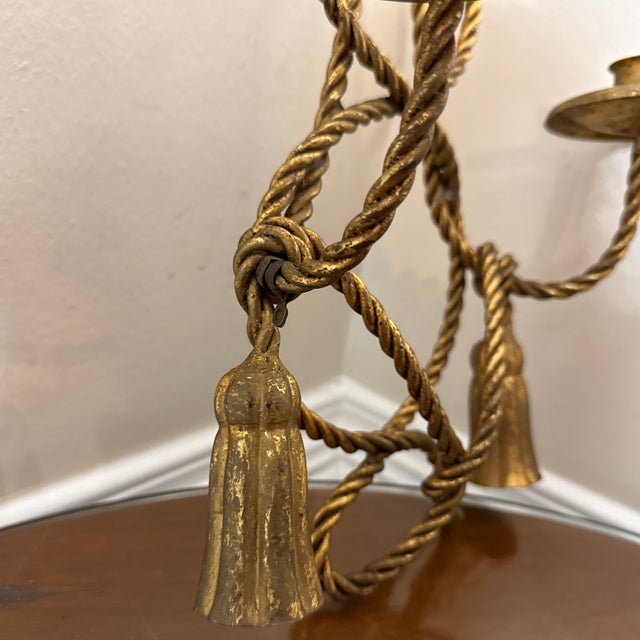 Vintage Pair Brass Rope Tassel Wall Sconces Hollywood Regency Candle Holders For Sale In Atlanta - Image 6 of 9